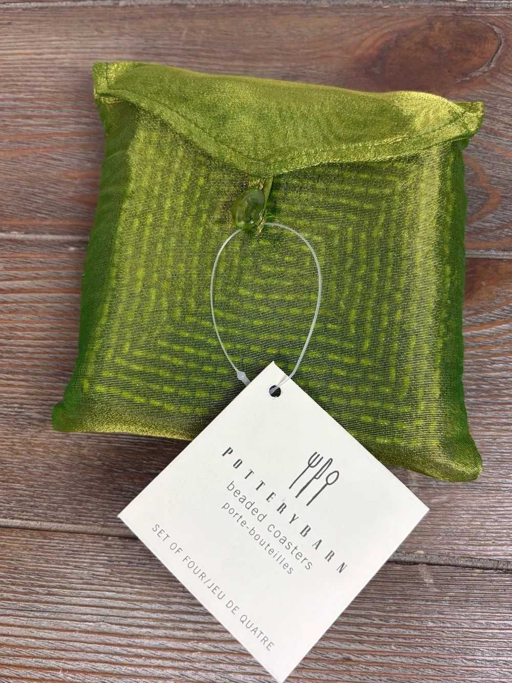 NWT Pottery Barn Green Glass Beaded Coasters Set of Four 4” Square Made in India